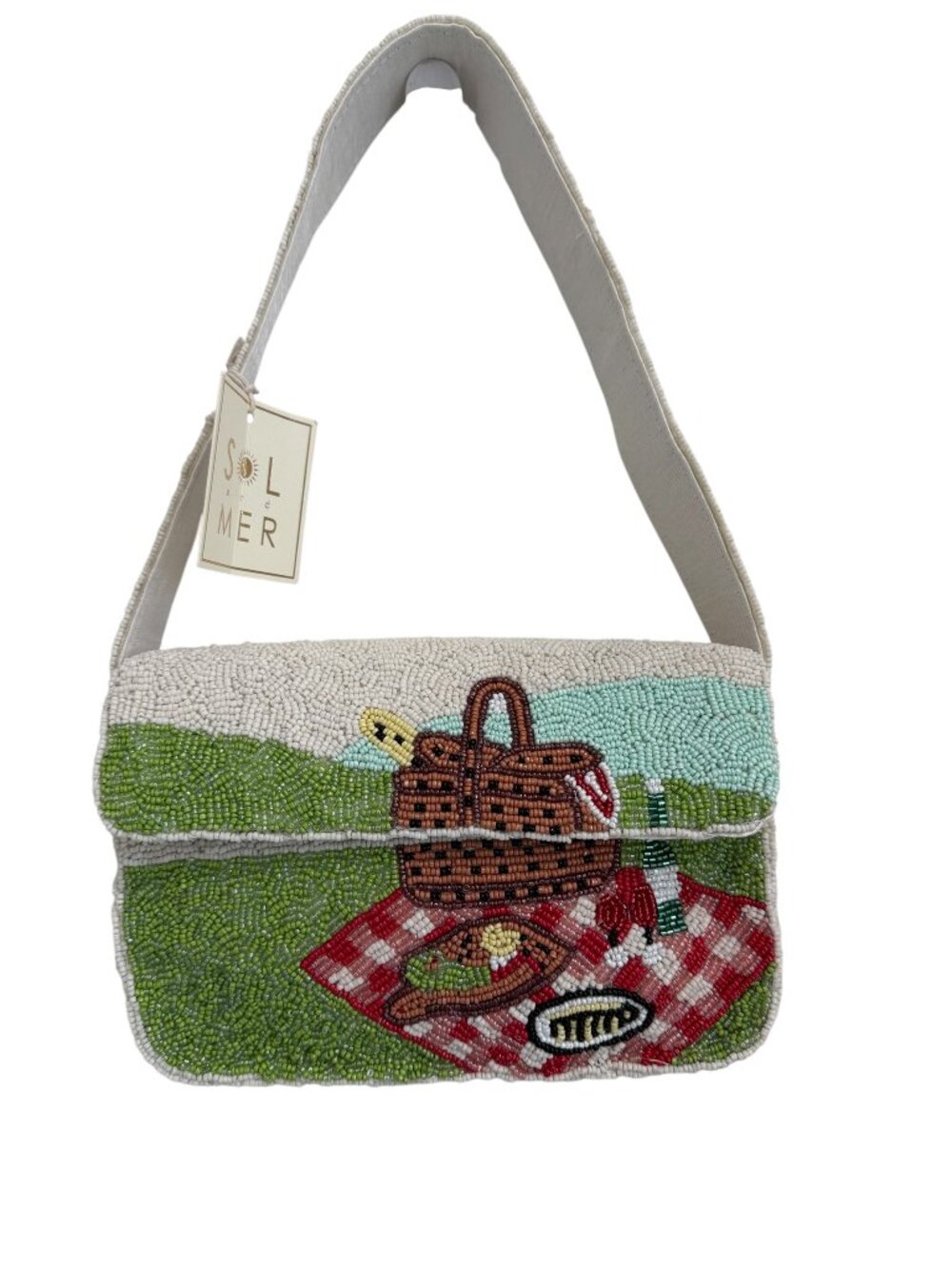 Sol and Mer Beaded Bag Picnic Theme Blanket Wine Food Made in India NWT